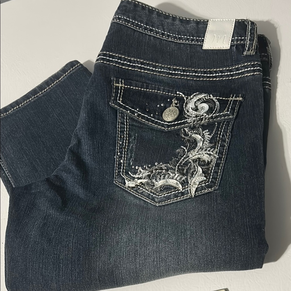 Ellie Blue Straight Leg Jeans with Decorative Embroidery